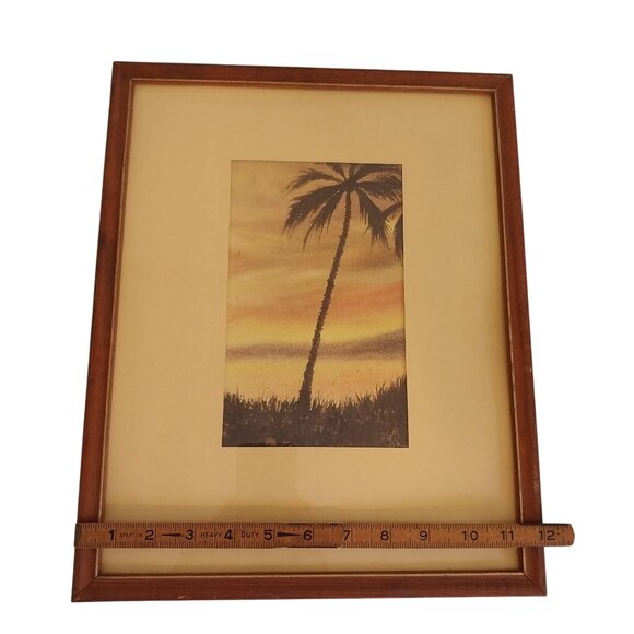 Tropical Palm Tree Watercolor Painting With Sunset Hues Island Beach Signed - Picture 6 of 6